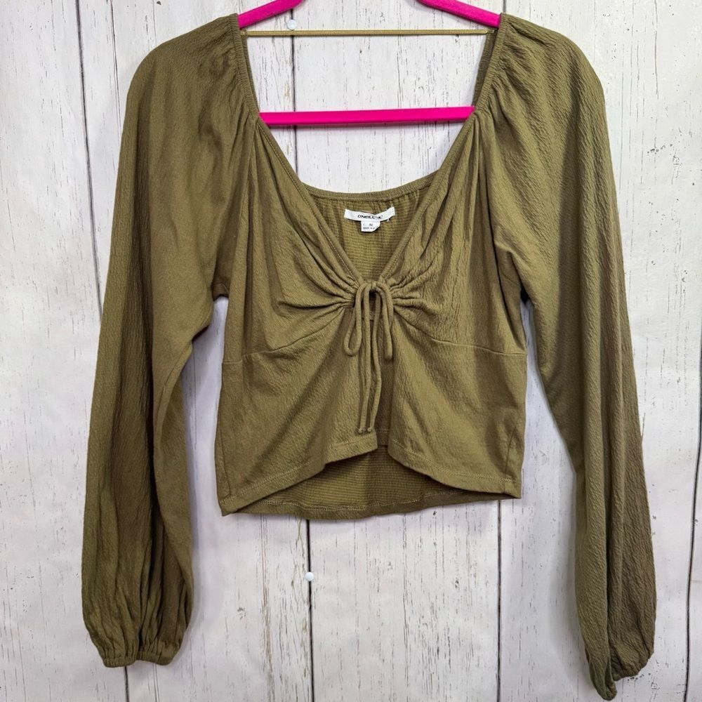 O’Neill Olive Green Tie Front Crop Top Long Sleeve Boho Womens M Cottagecore